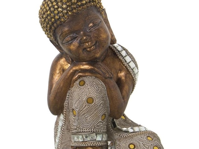 Buda blanco dorado con espejitos, 23cms.
