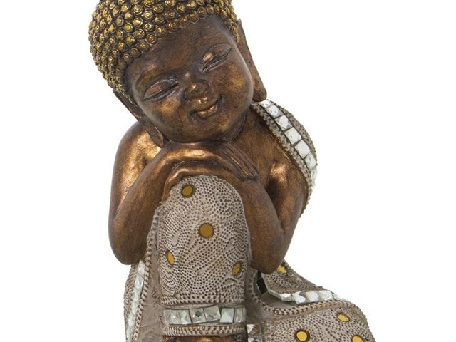 Buda blanco dorado con espejitos, 23cms.