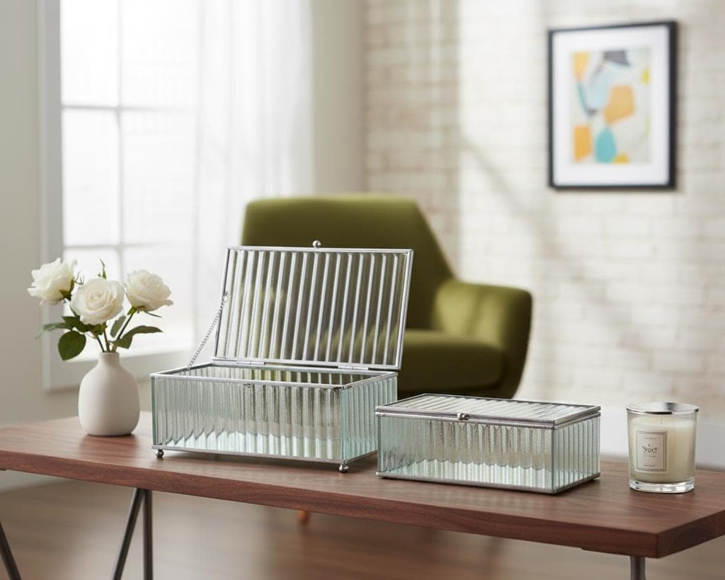 Foto 2 Caja joyero cristal metal plateado.