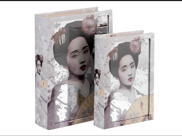 CAJAS LIBRO GEISHA GRIS con espejo.