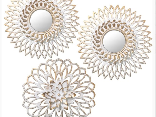Conjunto de 2 ESPEJOS y FLOR blanco oro.