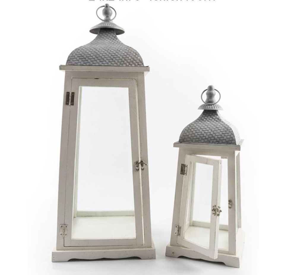 Foto 1 Conjunto de 2 FAROLES madera blanca y metal gris decapé, 73cm.