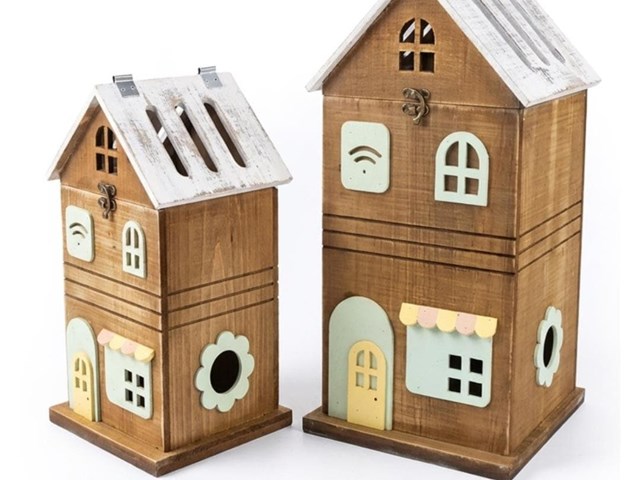 Conjunto de 2 FAROLES madera con LUZ, 44cm.