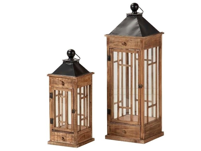 Conjunto de 2 FAROLES madera y metal marrón, 94cm.