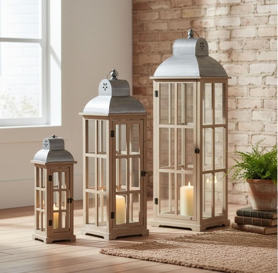 Foto 2 Conjunto de 3 FAROLES madera NATURAL y techo gris decapé, 110cm.