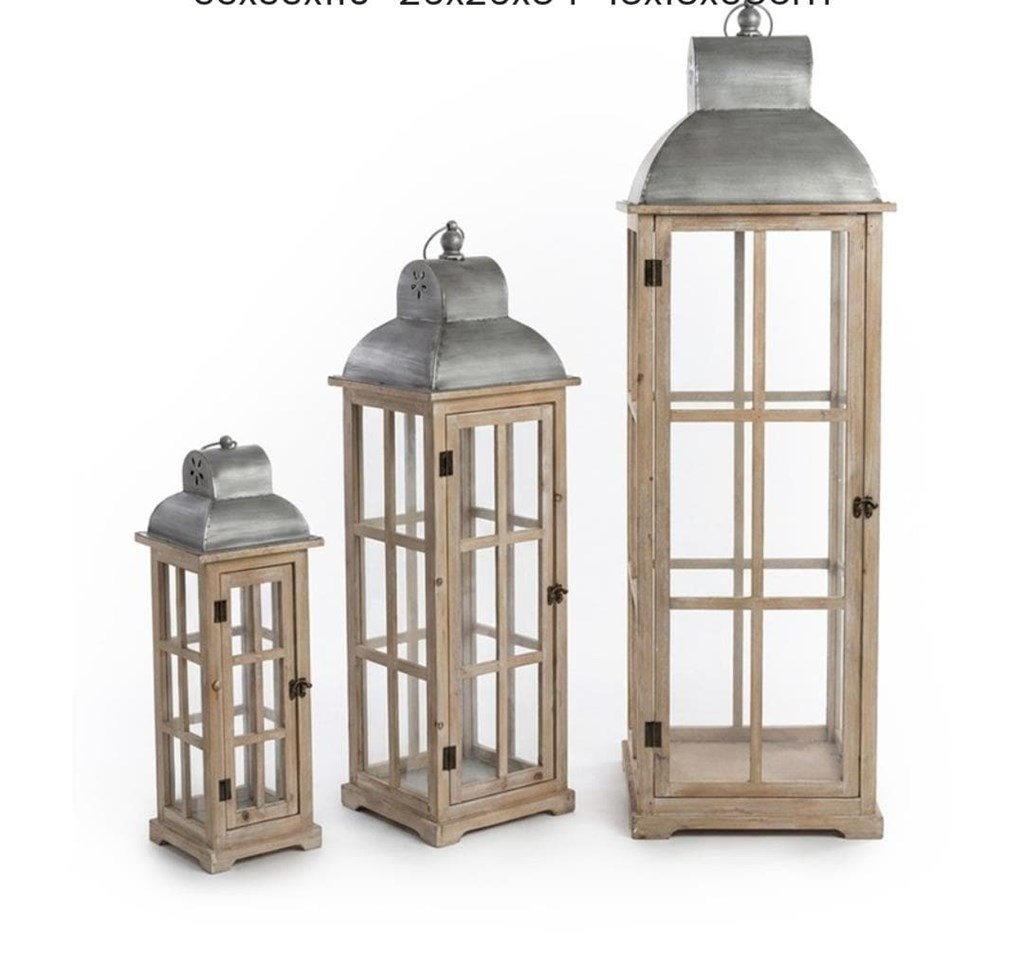 Foto 3 Conjunto de 3 FAROLES madera NATURAL y techo gris decapé, 110cm.