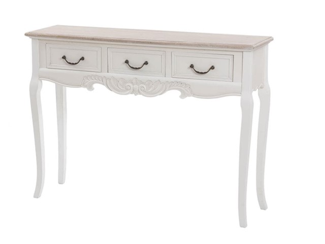Consola 3 cajones de madera crema con  tapa de color madera, 110 cms.