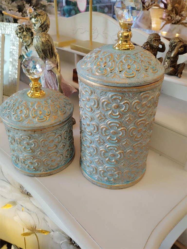 Foto 7 TIBORES de cerámica CELESTE Y ORO.